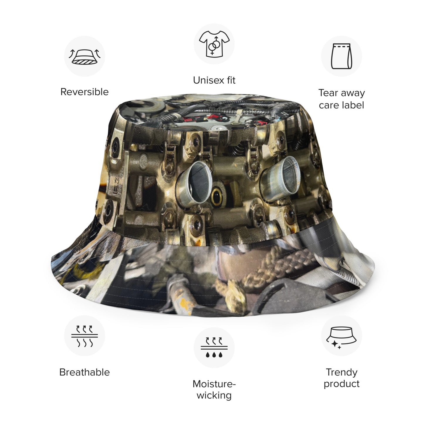 A reversible bucket hat with an image of internal parts of a motor.