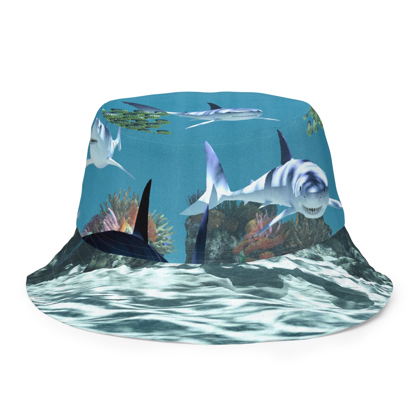 A reversible bucket hat with an image of sharks and coral reef underwater.
