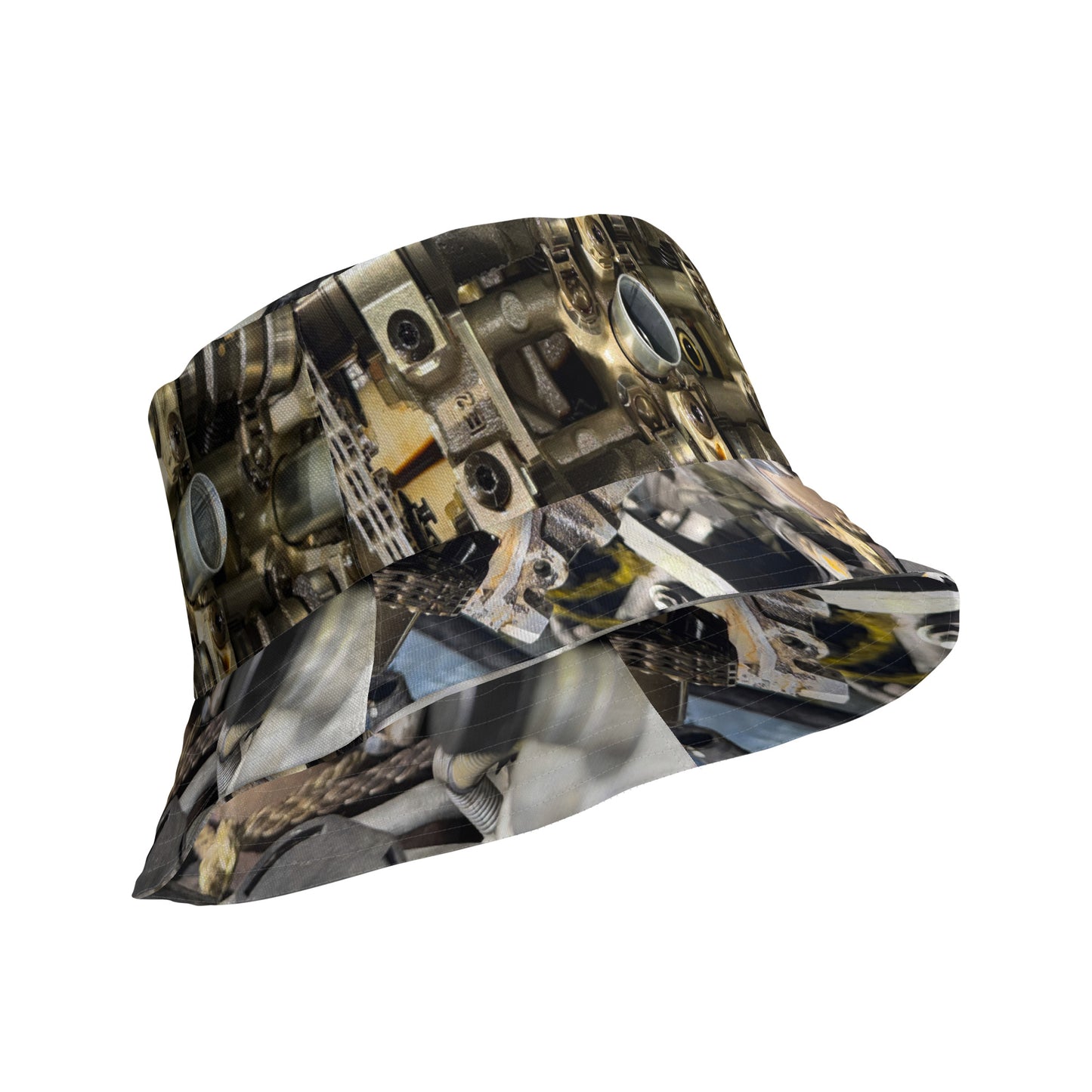 A reversible bucket hat with an image of internal parts of a motor.