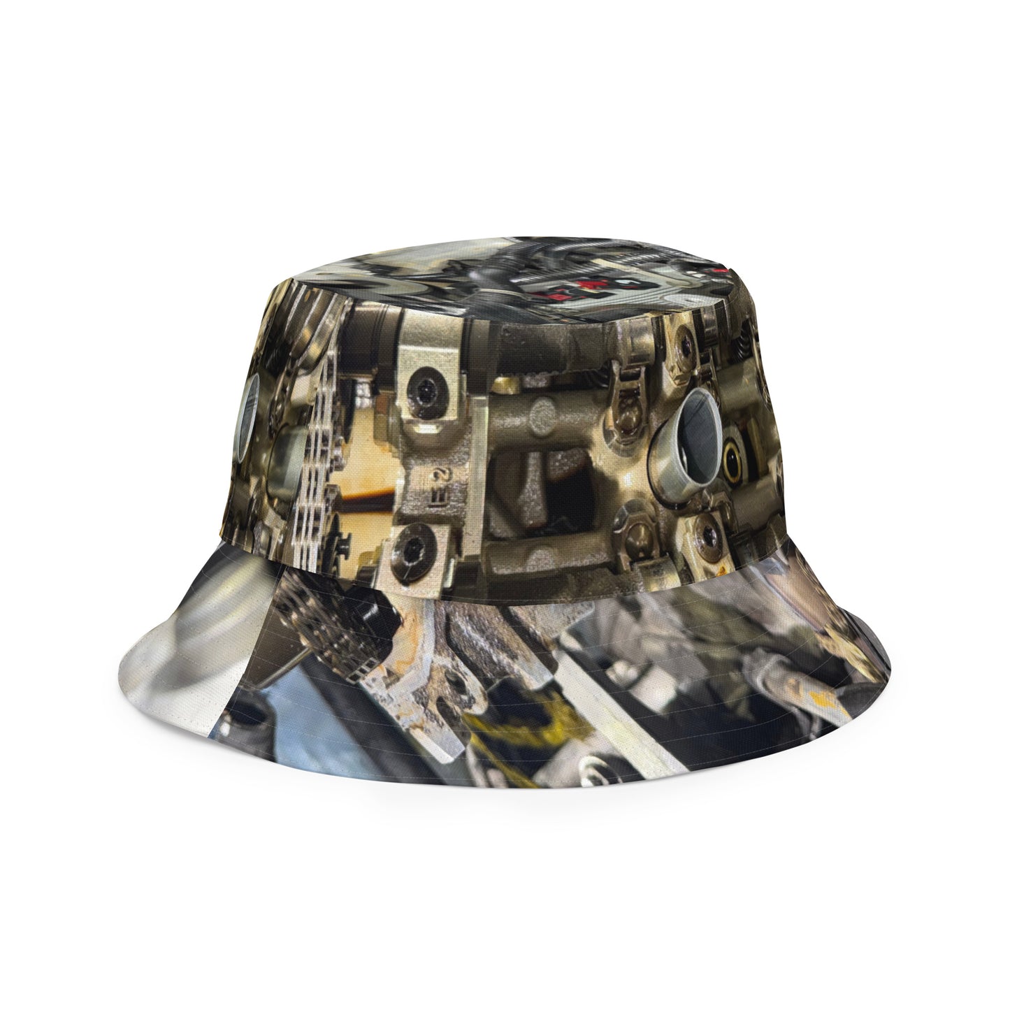 A reversible bucket hat with an image of internal parts of a motor.