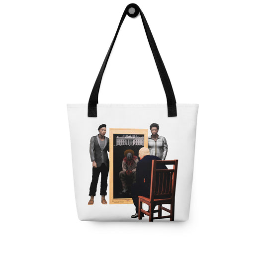A tote bag with two black men standing beside a mirror while Trump sits in a chair in front of the mirror and his reflection is a clown.