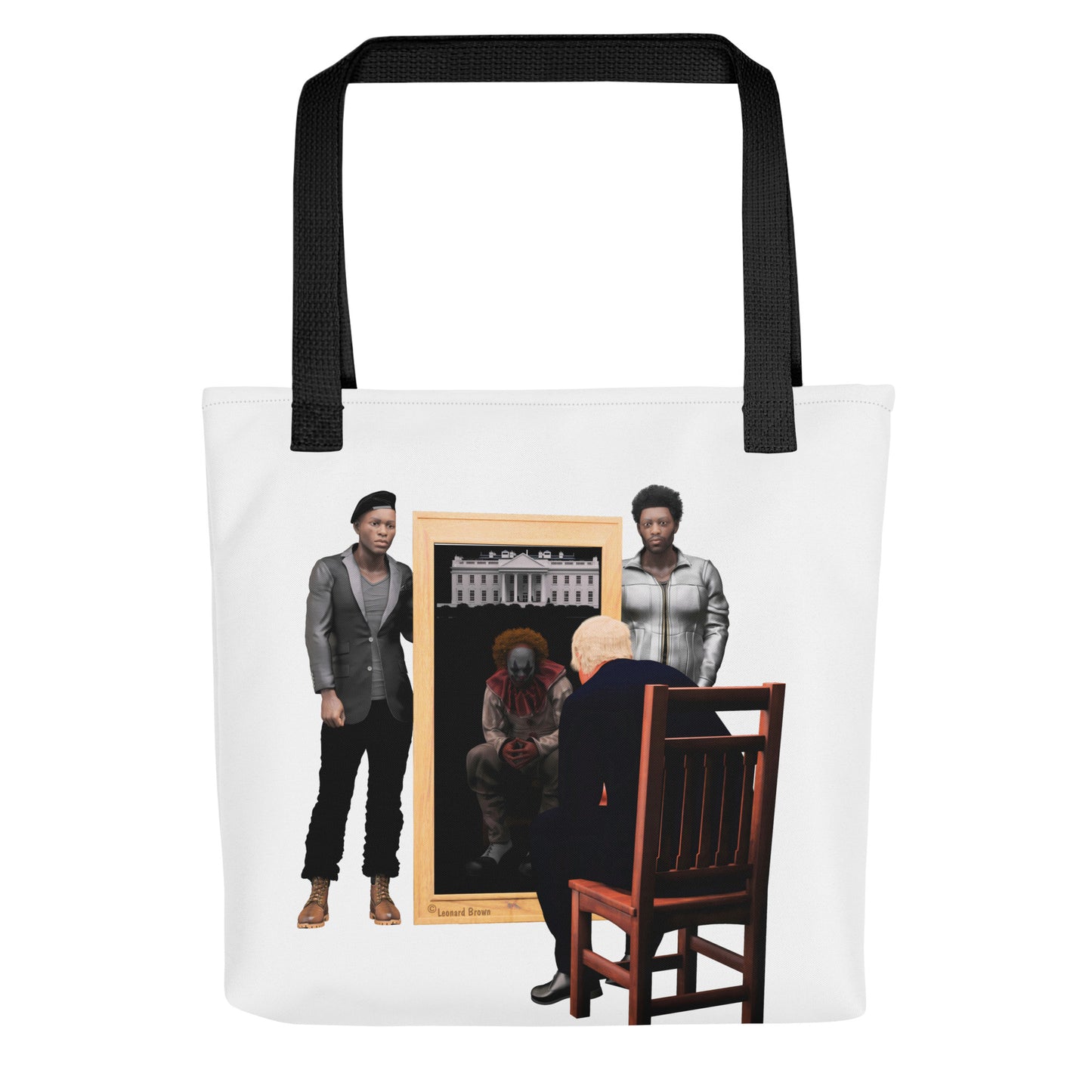 A tote bag with two black men standing beside a mirror while Trump sits in a chair in front of the mirror and his reflection is a clown.