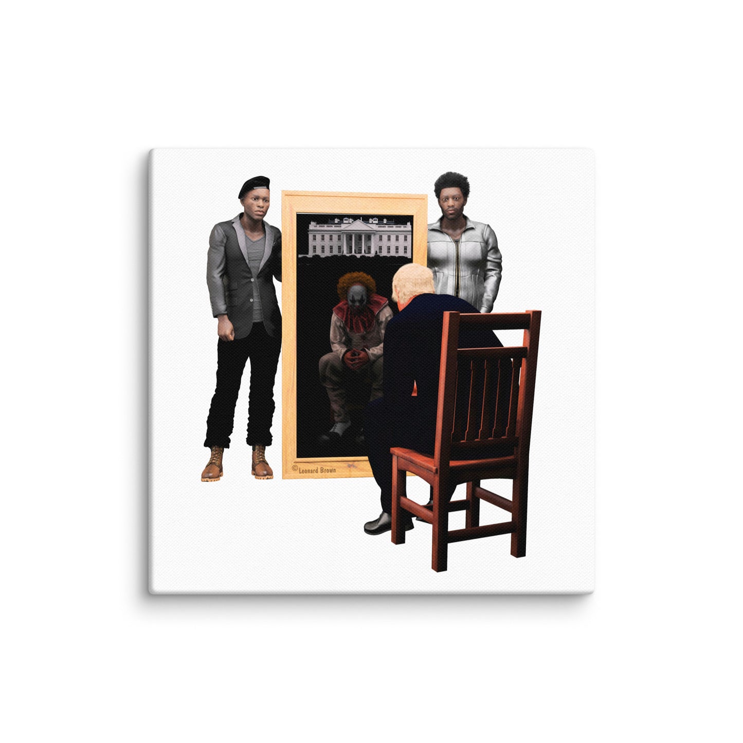 A canvas art print of two black men standing beside a mirror with Trump looking in the mirror with a reflection of a clown.