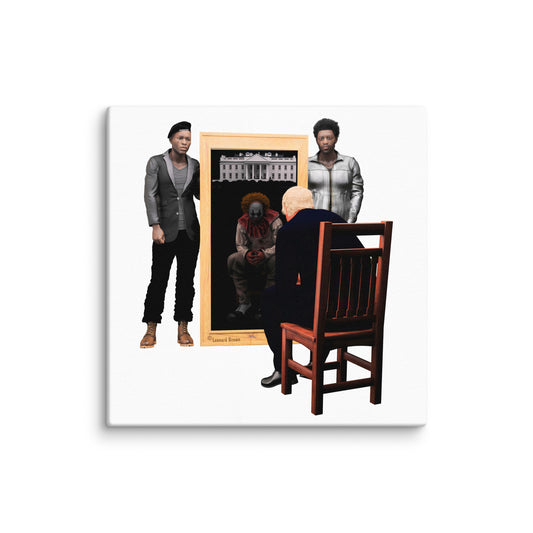 A canvas art print of two black men standing beside a mirror with Trump looking in the mirror with a reflection of a clown.