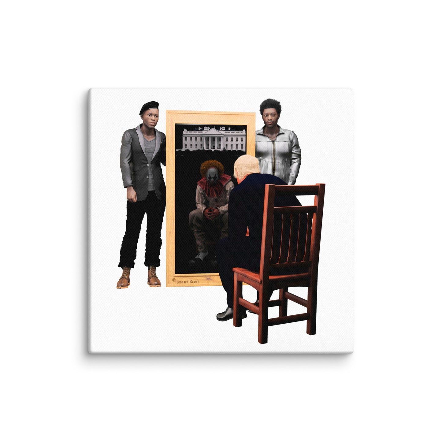 A canvas art print of two black men standing beside a mirror with Trump looking in the mirror with a reflection of a clown.