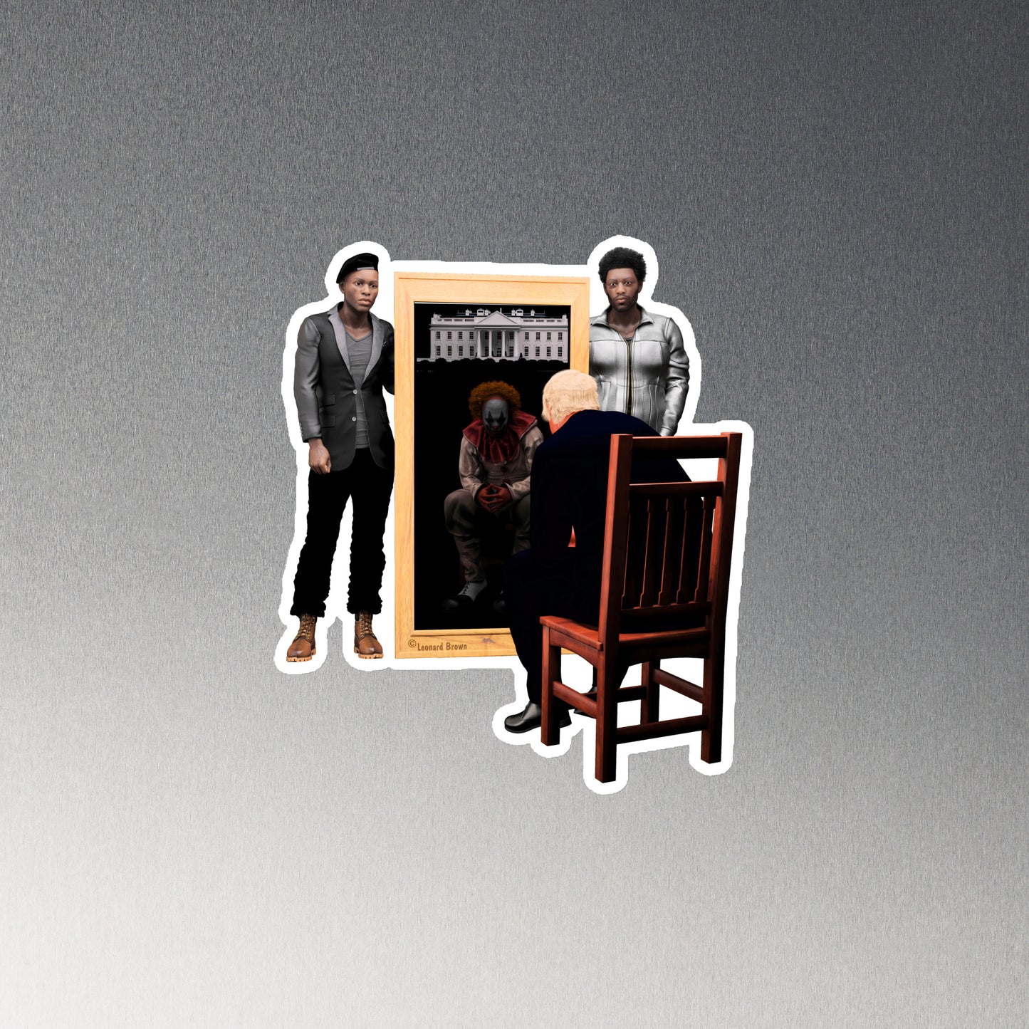 A magnet of two black men standing beside a mirror with Trump looking in the mirror with a reflection of a clown.