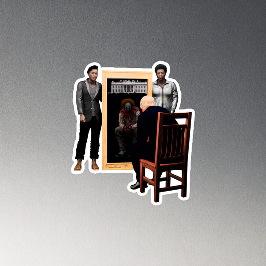 A magnet of two black men standing beside a mirror with Trump looking in the mirror with a reflection of a clown.